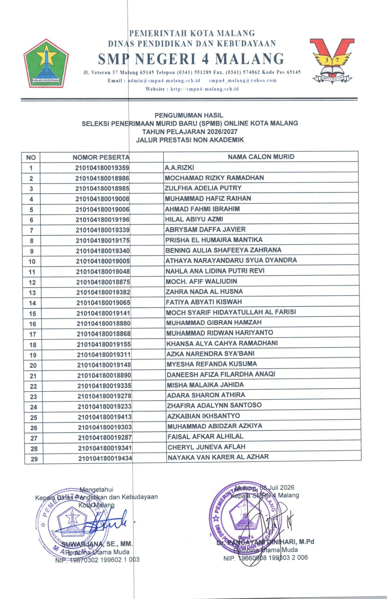 20260708 Pengumuman SPMB PRESTASI NON AKADEMIK SMPN 4_001